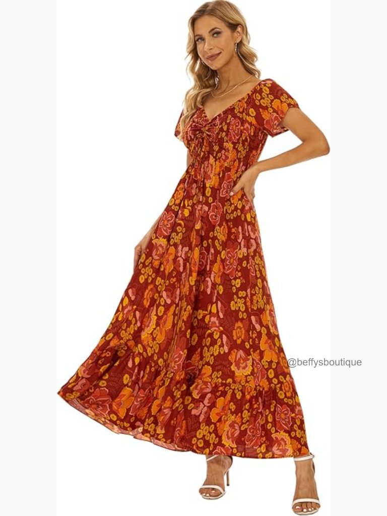 Women's Floral Smocked Maxi Dress Boho Beach Casual Tiered A-Line Short Sleeve